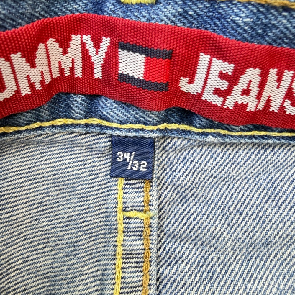 Tommy‎ Jeans Straight Leg Denim Mens 34x30 Blue Frayed Hem 90s Vintage - Picture 6 of 15